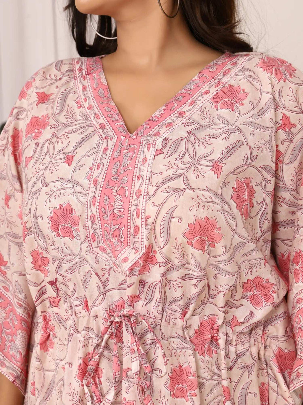 Sanganeri Floral Print Blush Pink Cotton Kaftan