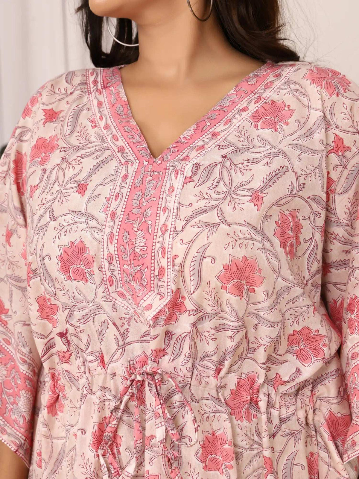 Sanganeri Floral Print Blush Pink Cotton Kaftan