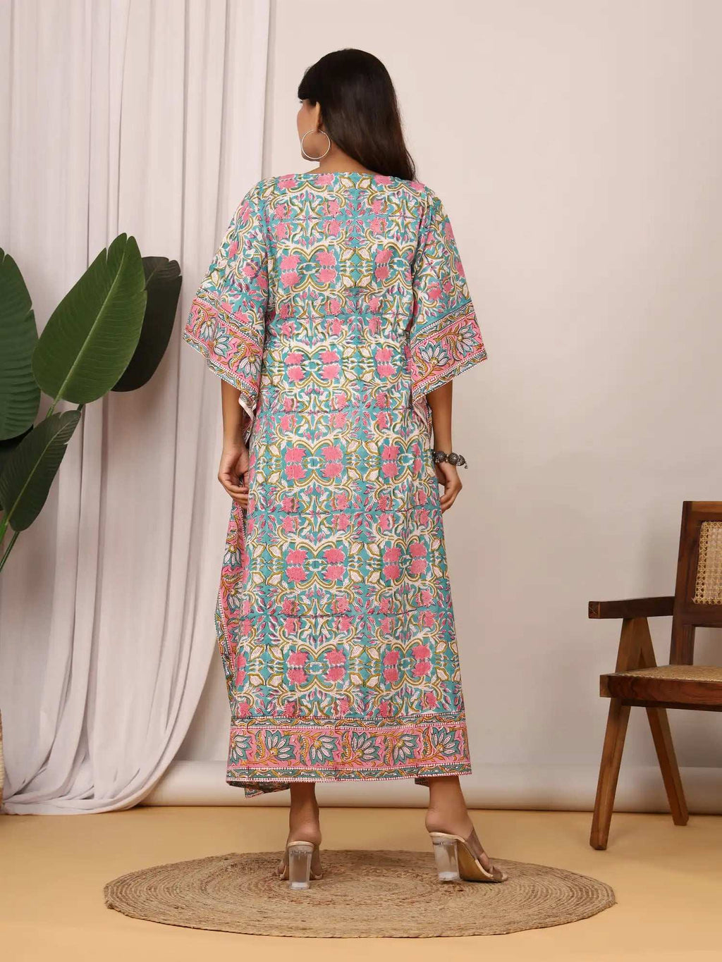 Sanganeri Floral Print Soft Aqua Blue & Pink Cotton Kaftan