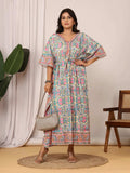 Sanganeri Floral Print Soft Aqua Blue & Pink Cotton Kaftan
