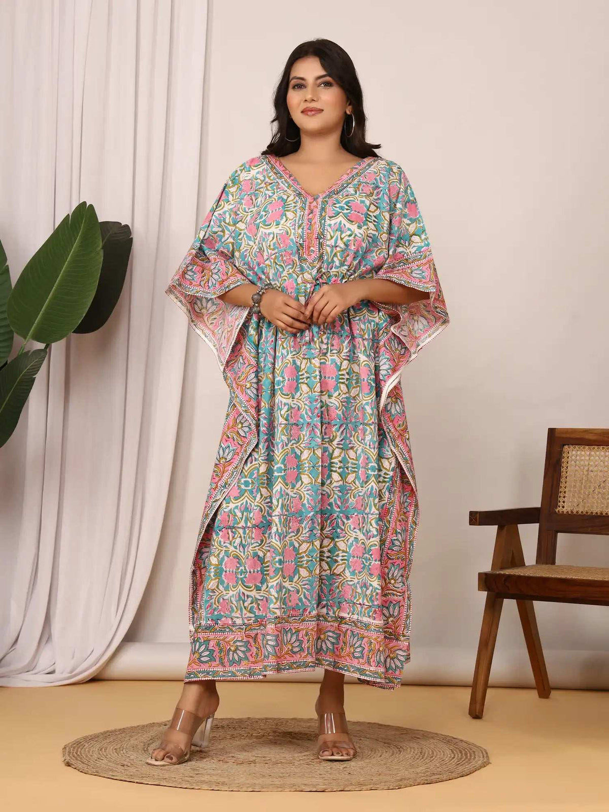 Sanganeri Floral Print Soft Aqua Blue & Pink Cotton Kaftan
