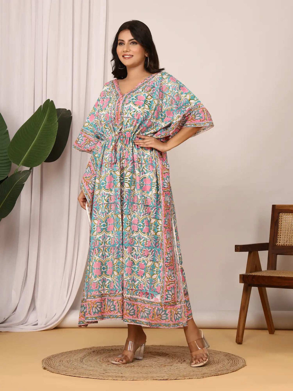 Sanganeri Floral Print Soft Aqua Blue & Pink Cotton Kaftan