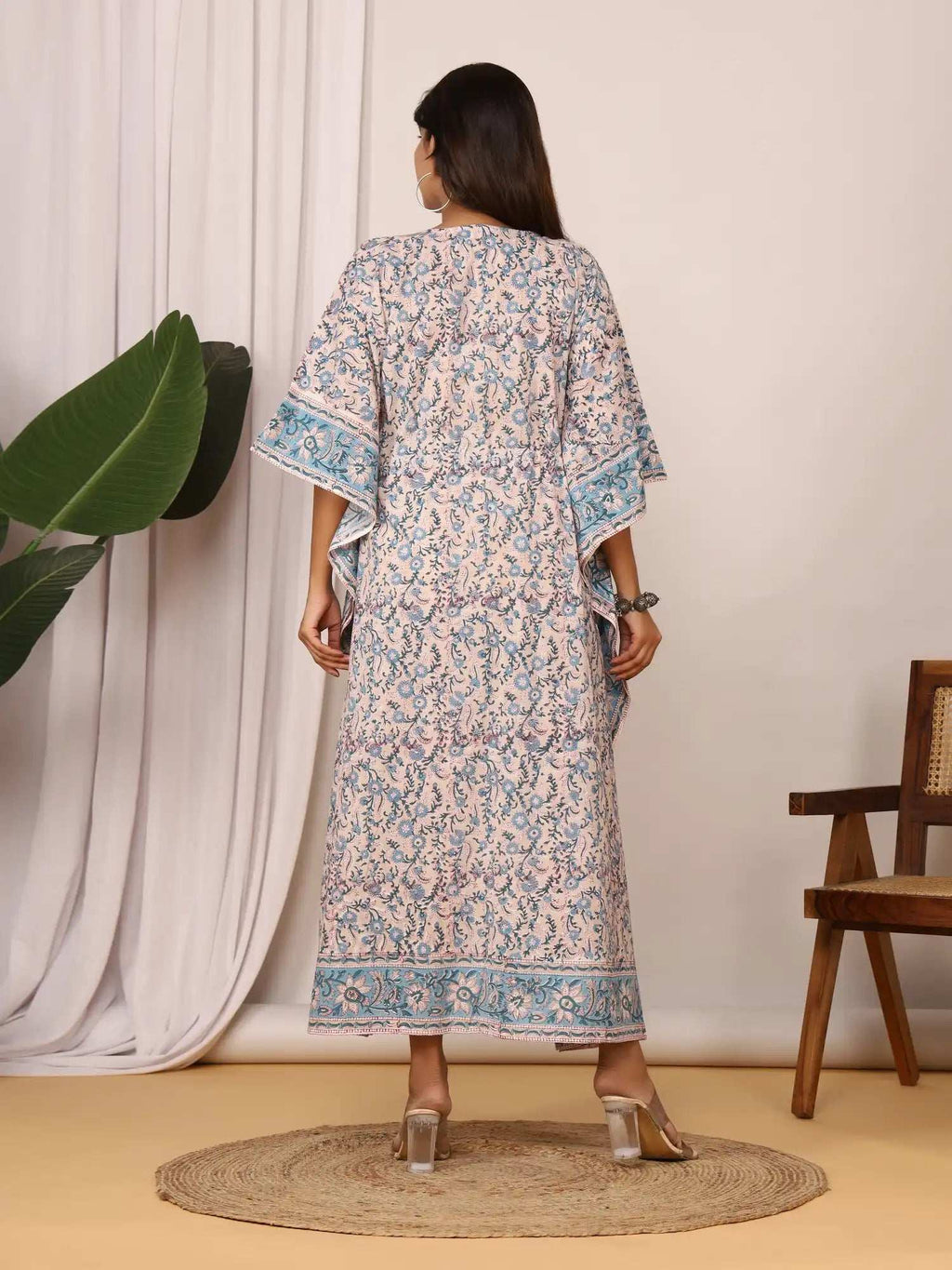 Sanganeri Floral Print Beige & Blue Cotton Kaftan