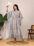 Sanganeri Floral Print Beige & Blue Cotton Kaftan