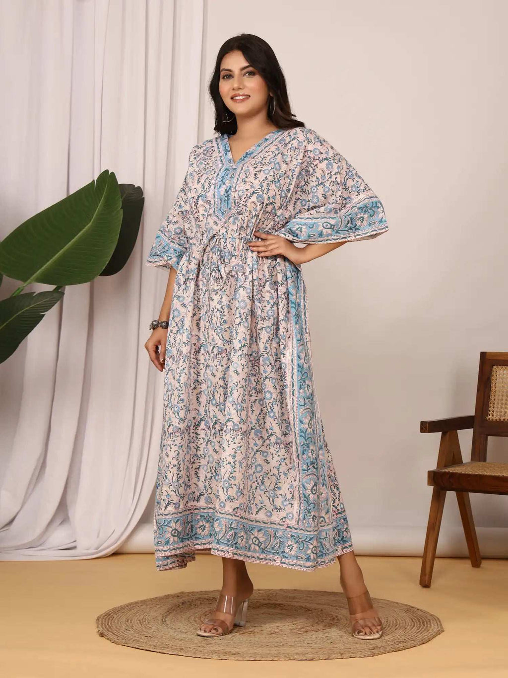 Sanganeri Floral Print Beige & Blue Cotton Kaftan