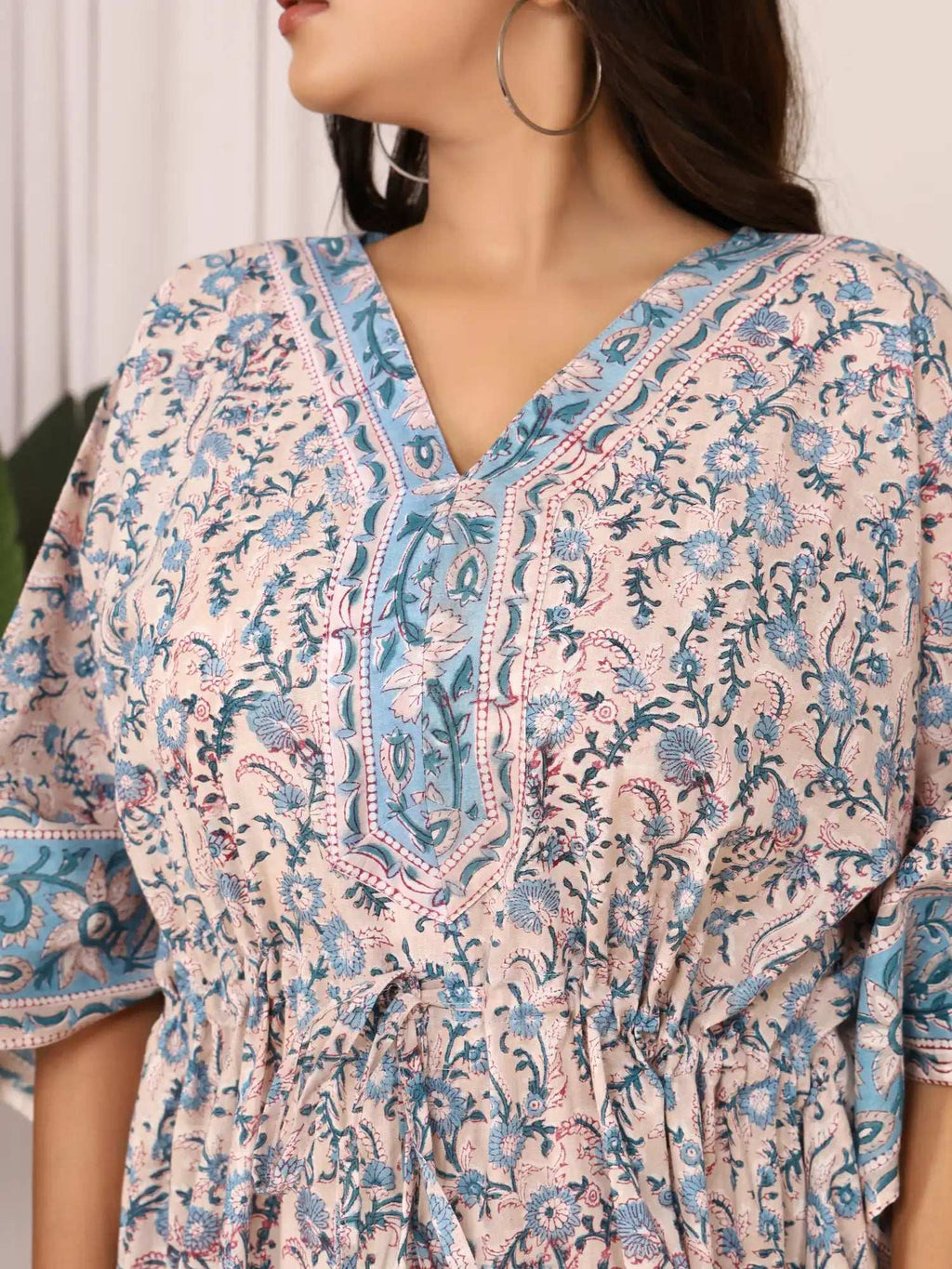 Sanganeri Floral Print Beige & Blue Cotton Kaftan