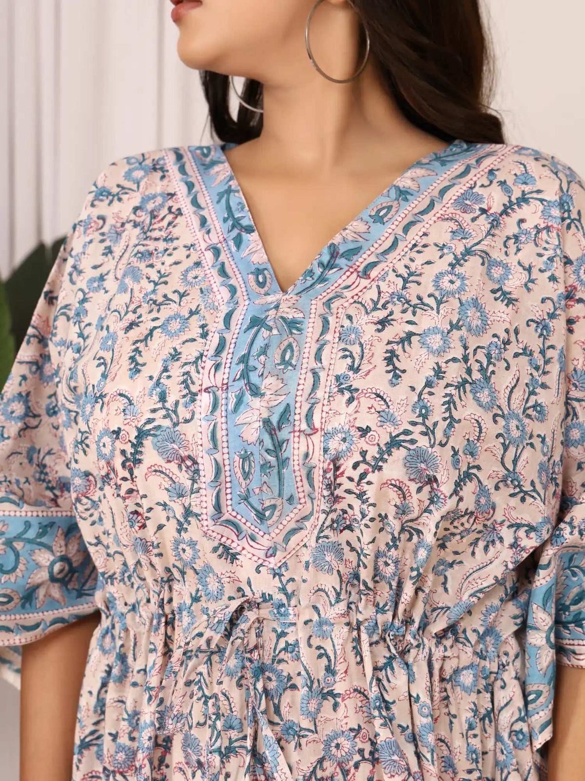 Sanganeri Floral Print Beige & Blue Cotton Kaftan