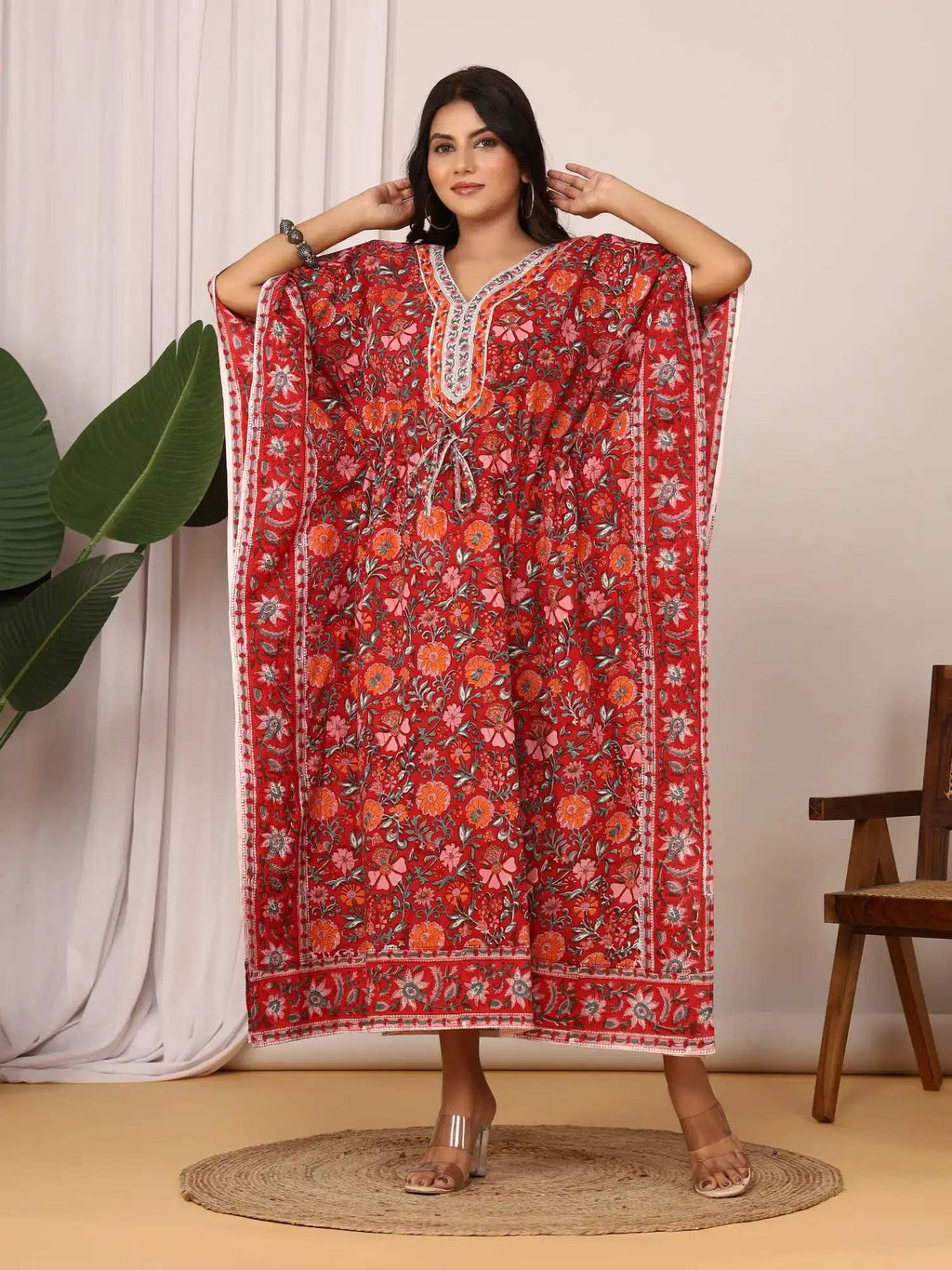 Sanganeri Floral Print Red & Pink Cotton Kaftan