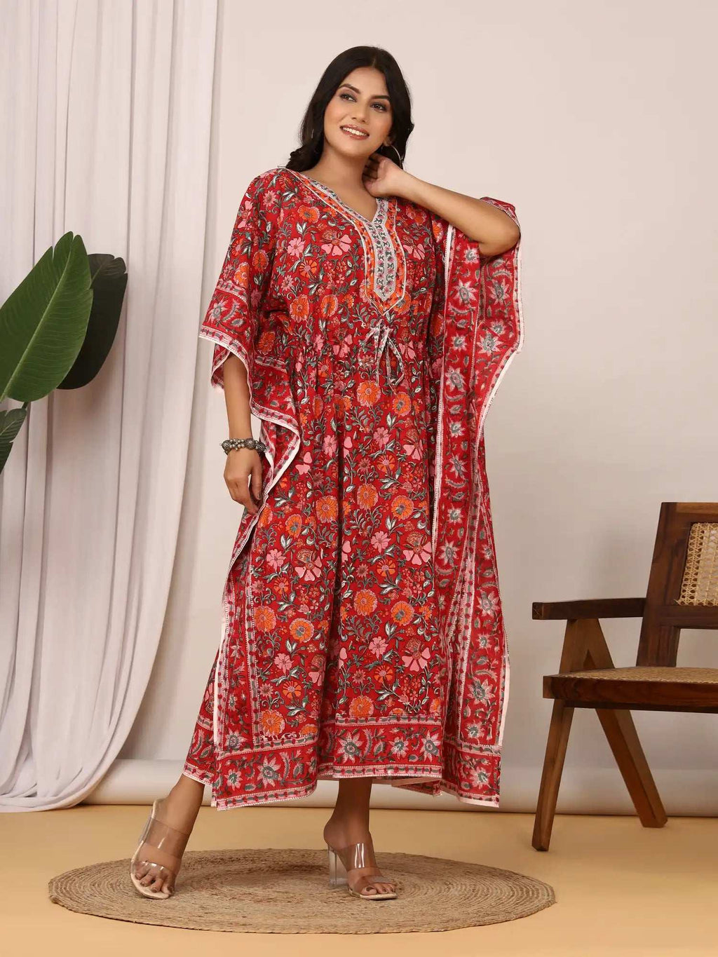 Sanganeri Floral Print Red & Pink Cotton Kaftan