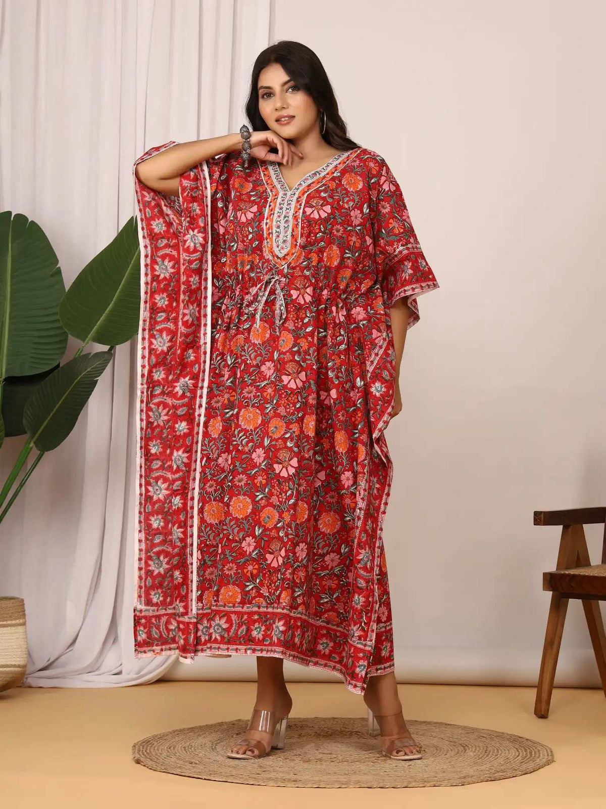 Sanganeri Floral Print Red & Pink Cotton Kaftan