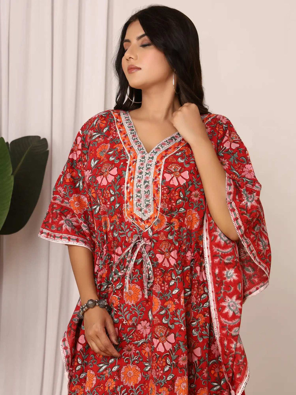 Sanganeri Floral Print Red & Pink Cotton Kaftan