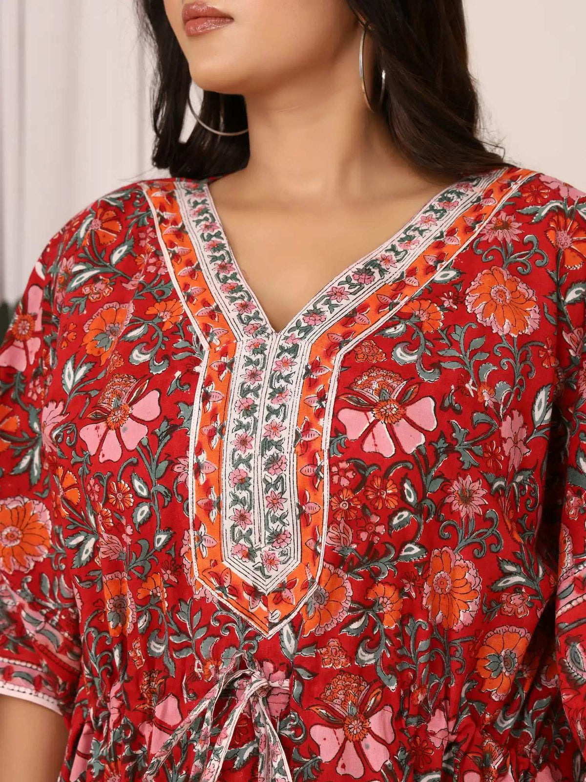 Sanganeri Floral Print Red & Pink Cotton Kaftan