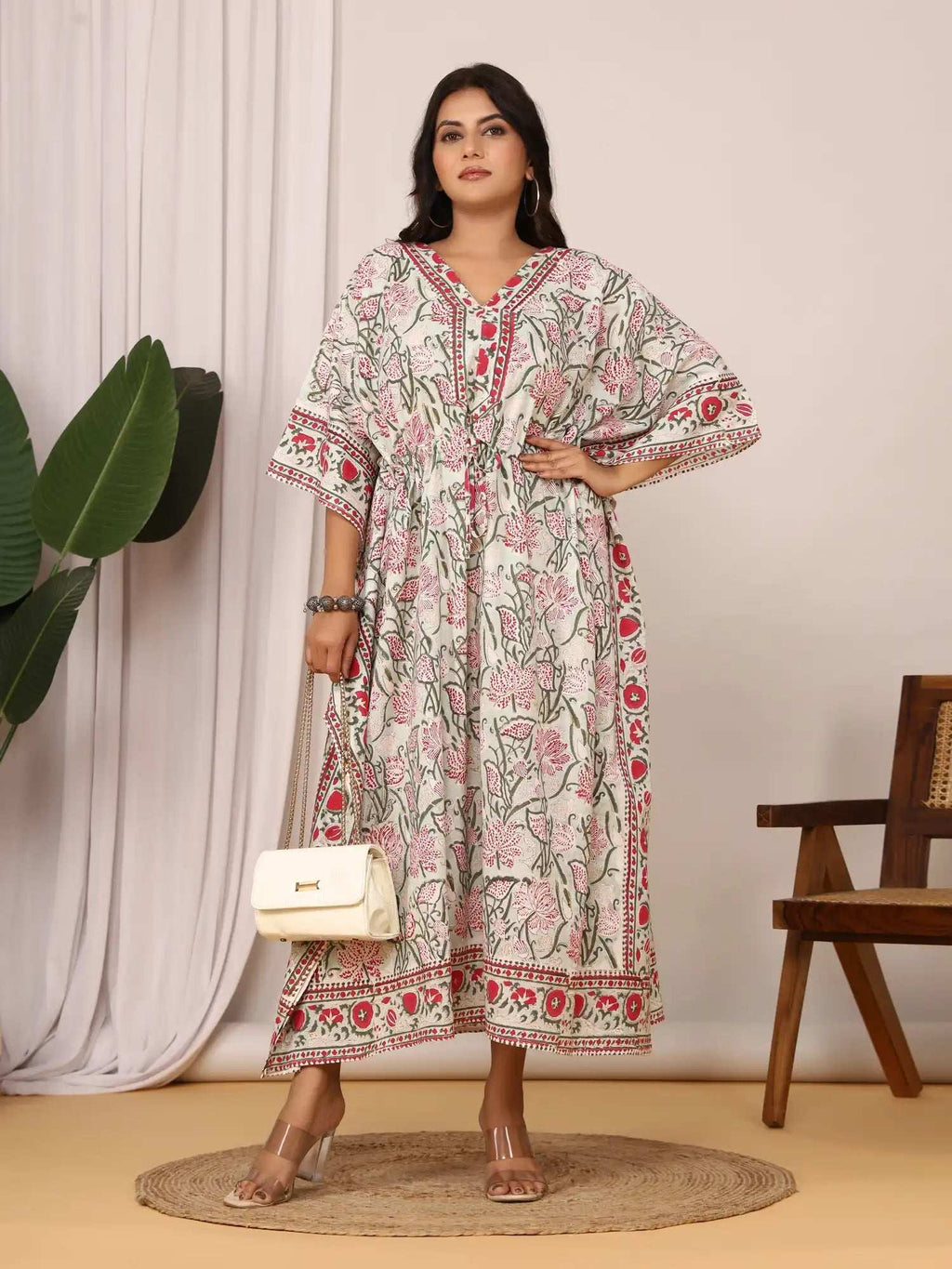 Sanganeri Floral Print Soft Green & Red Cotton Kaftan