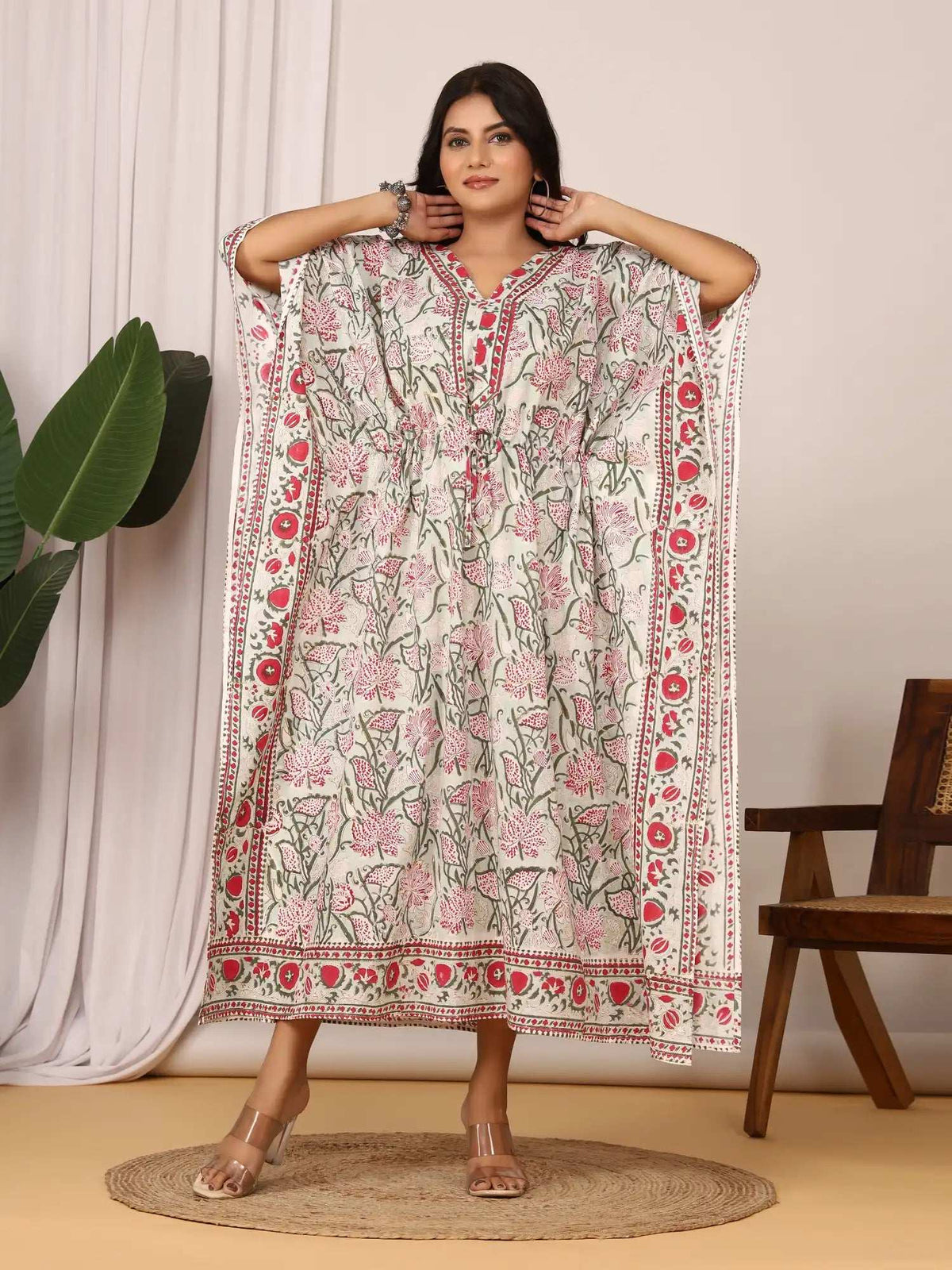 Sanganeri Floral Print Soft Green & Red Cotton Kaftan