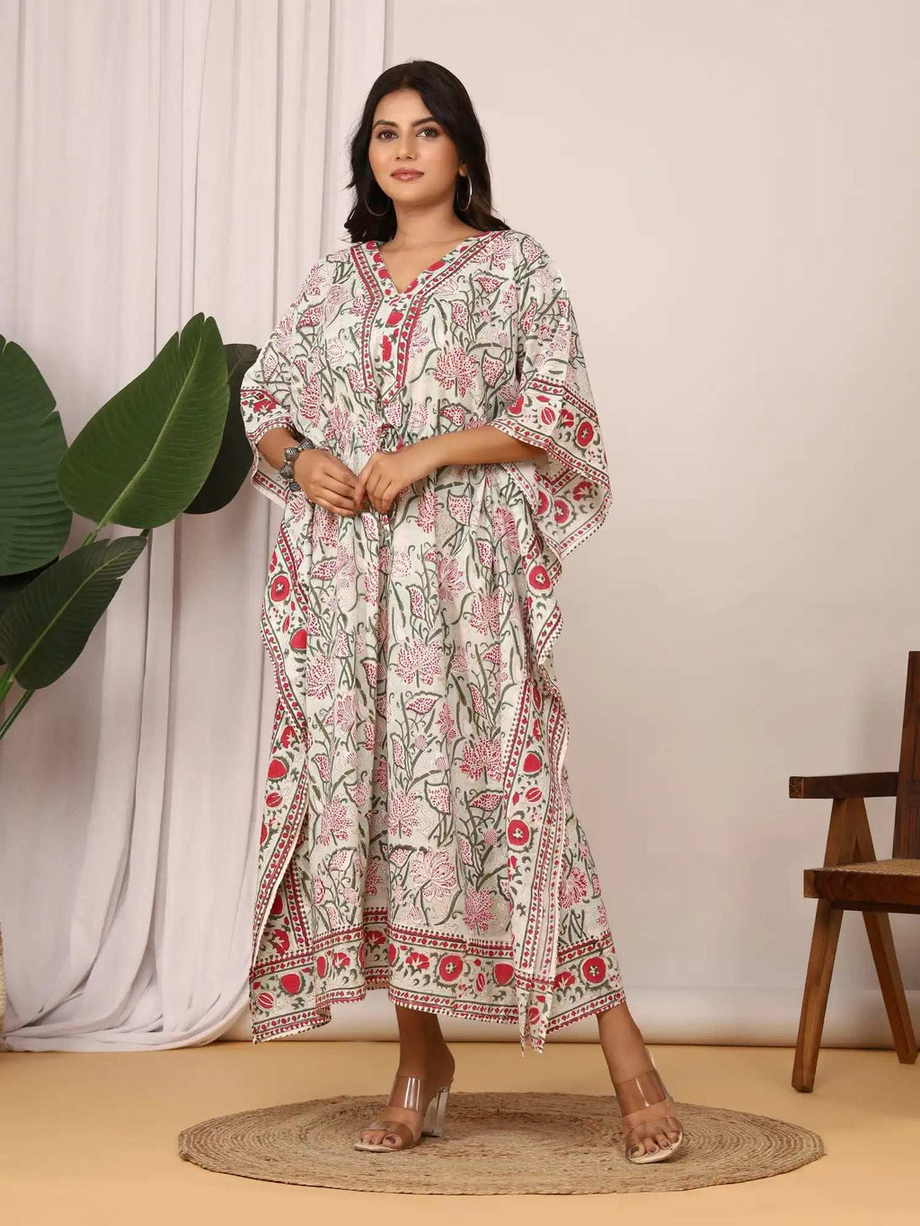 Sanganeri Floral Print Soft Green & Red Cotton Kaftan