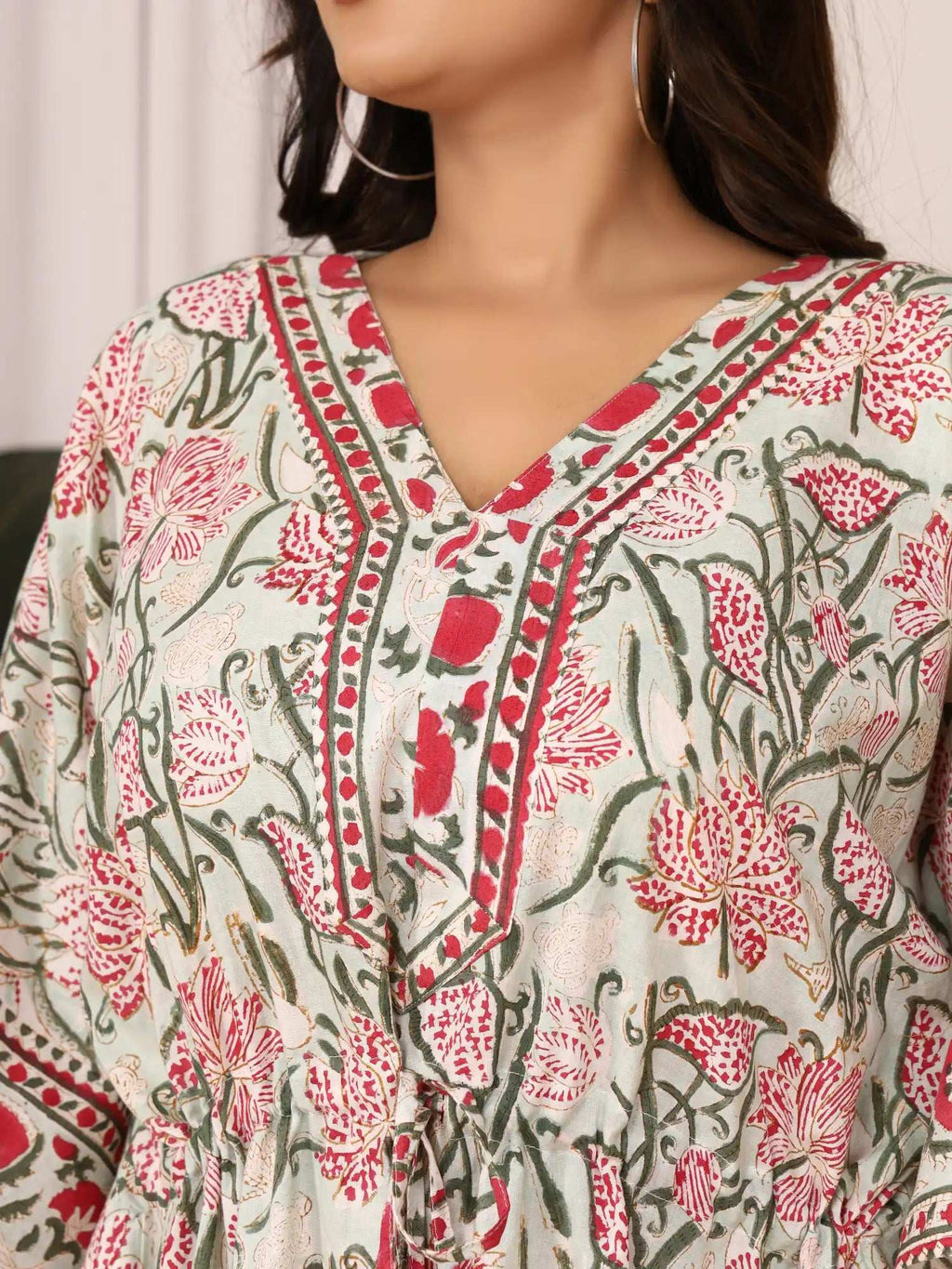Sanganeri Floral Print Soft Green & Red Cotton Kaftan