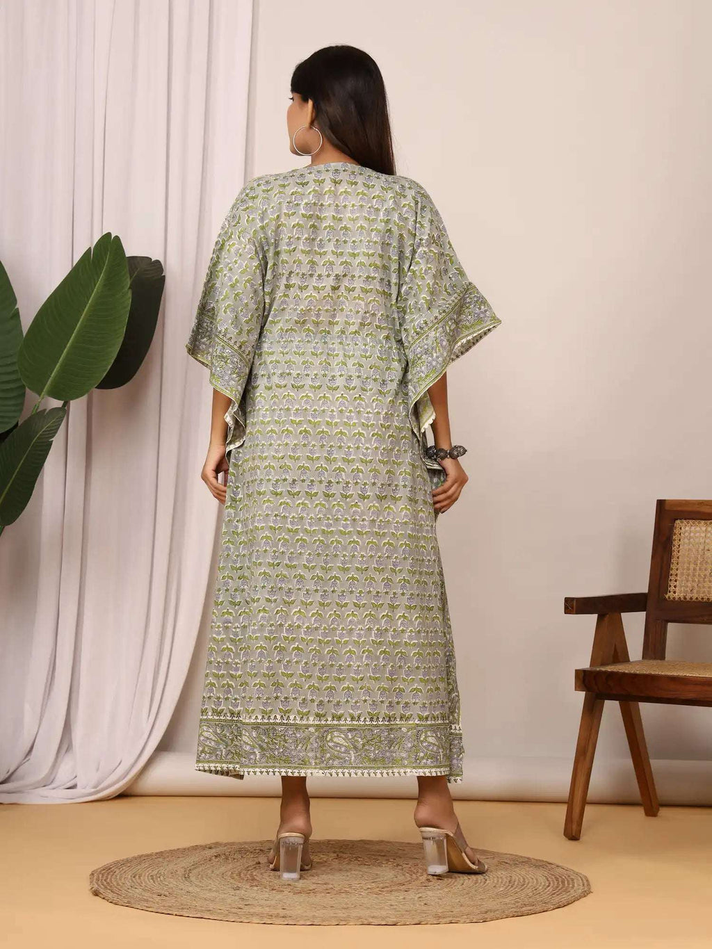Sanganeri Tulip & Leaf Print Green & Grey Cotton Kaftan