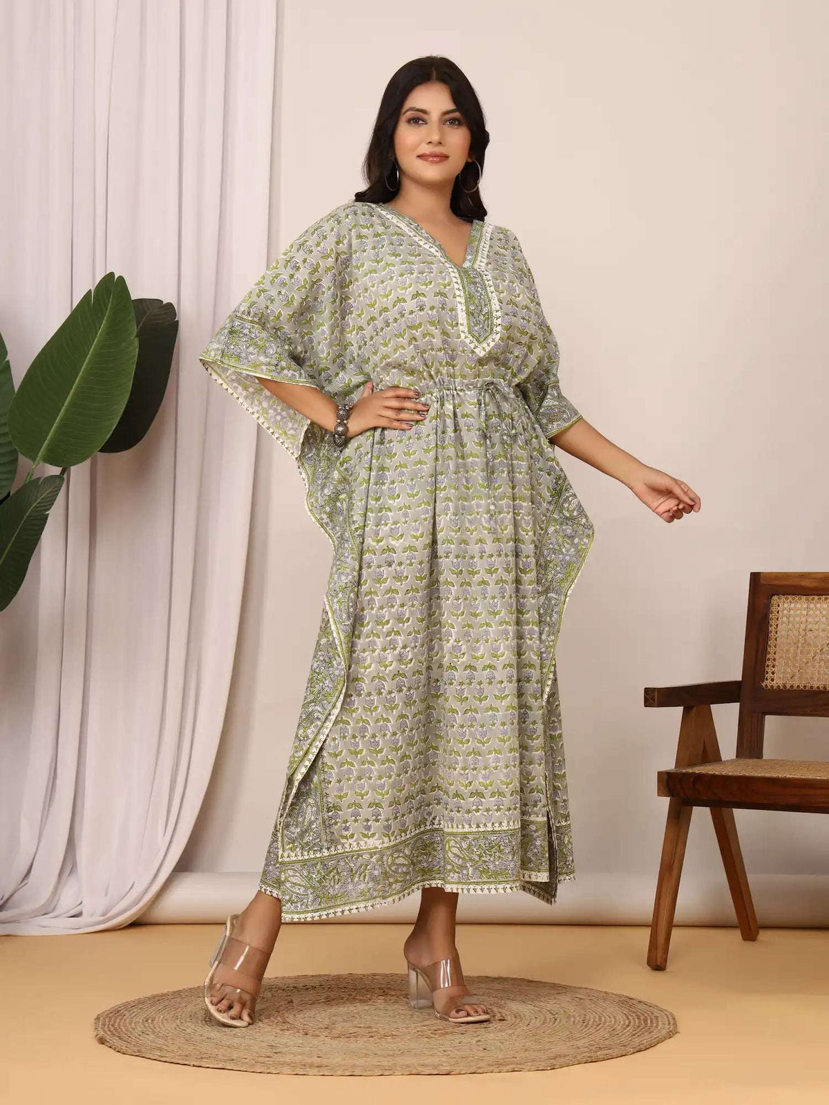 Sanganeri Tulip & Leaf Print Green & Grey Cotton Kaftan