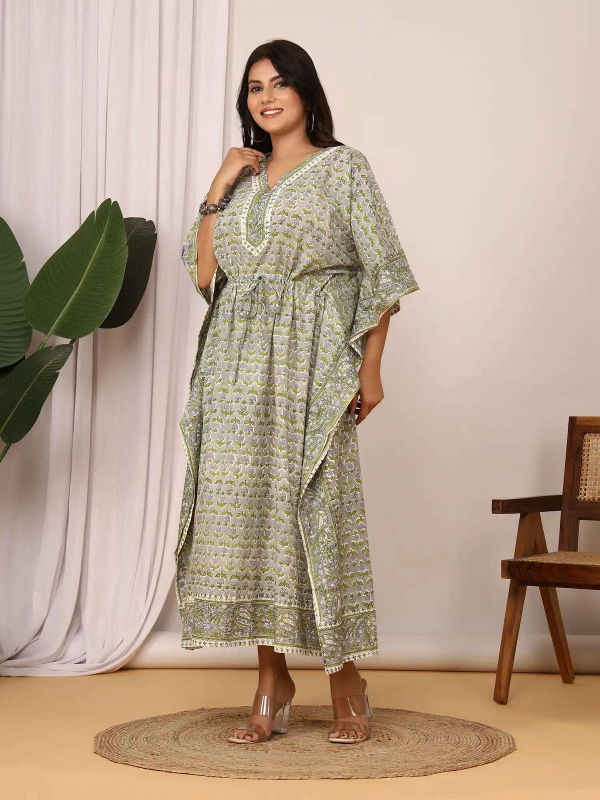 Sanganeri Tulip & Leaf Print Green & Grey Cotton Kaftan