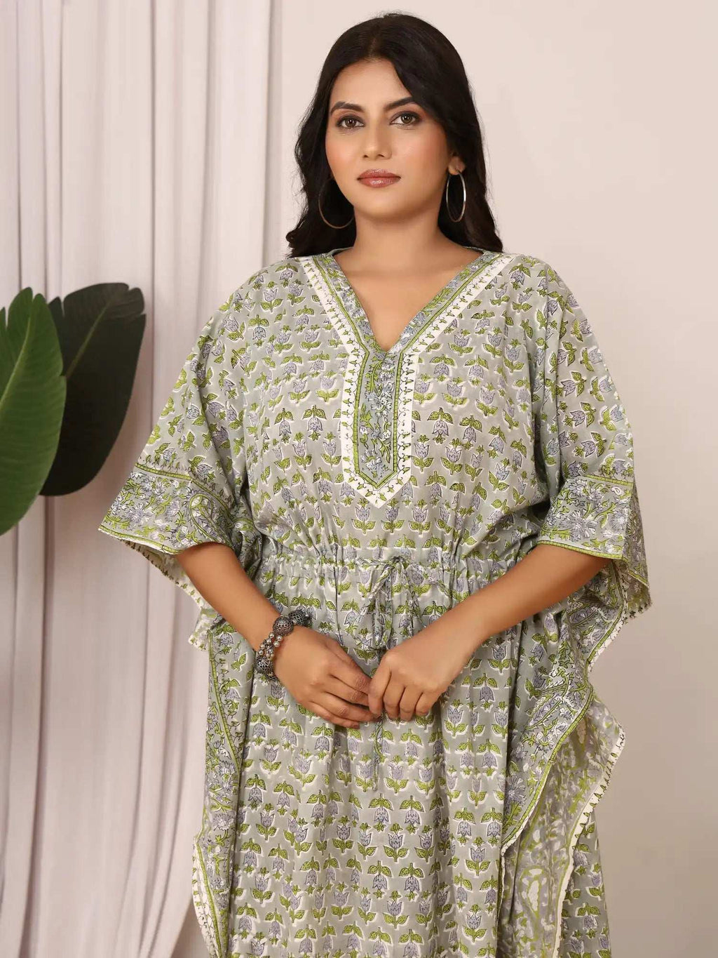 Sanganeri Tulip & Leaf Print Green & Grey Cotton Kaftan