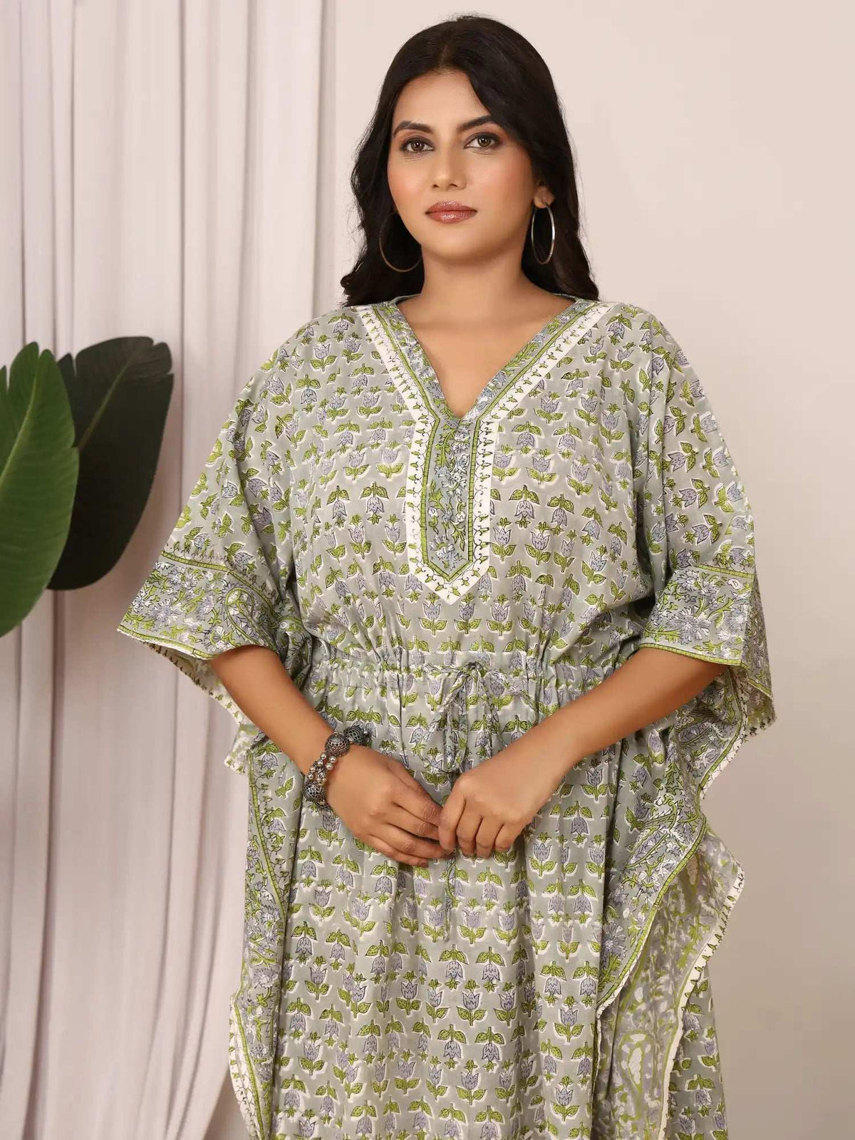 Sanganeri Tulip & Leaf Print Green & Grey Cotton Kaftan