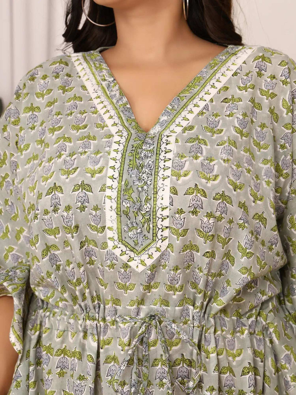 Sanganeri Tulip & Leaf Print Green & Grey Cotton Kaftan