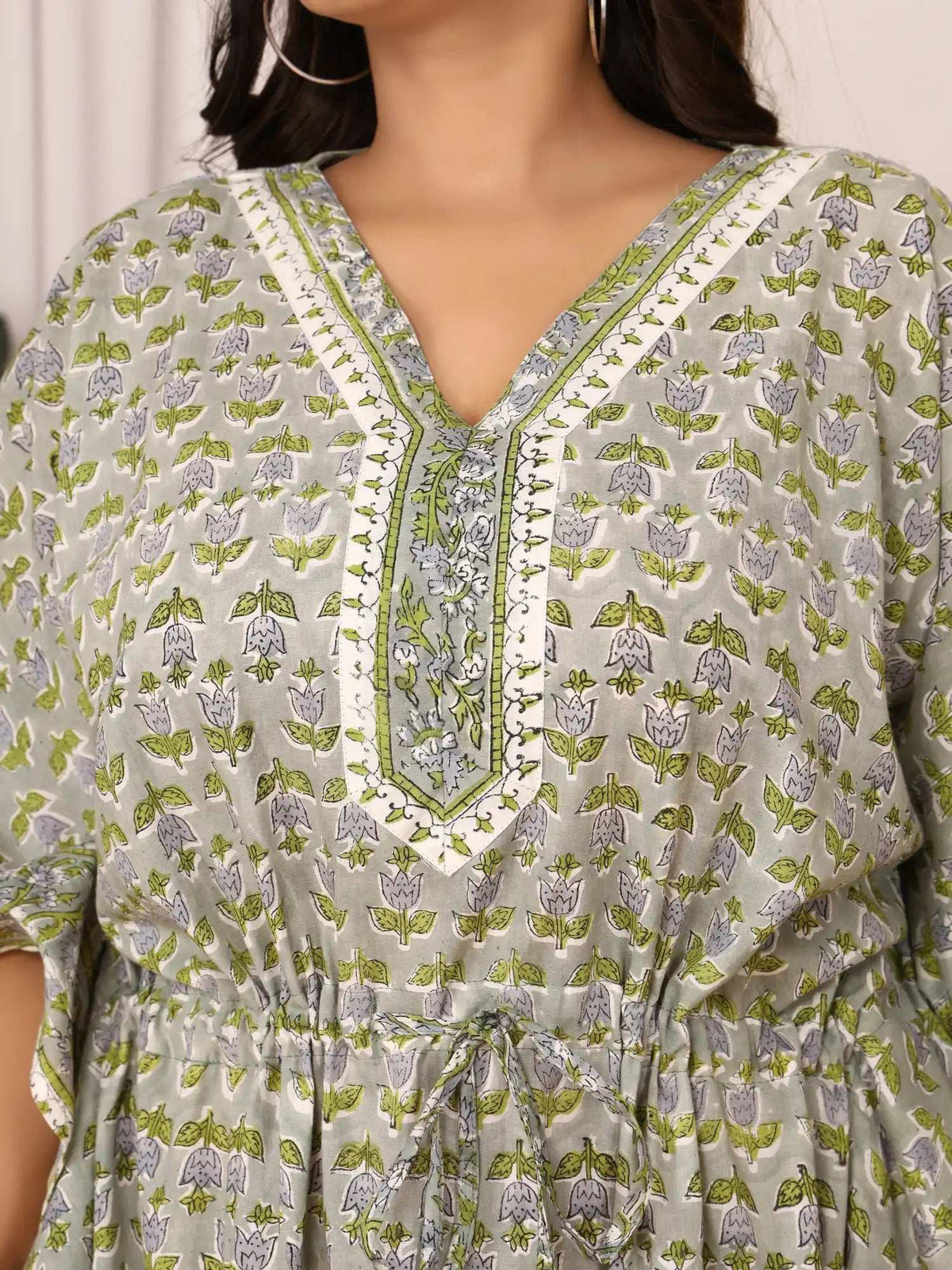 Sanganeri Tulip & Leaf Print Green & Grey Cotton Kaftan