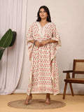 Sanganeri Tulip Flower Print Pastel Green & Red Cotton Kaftan