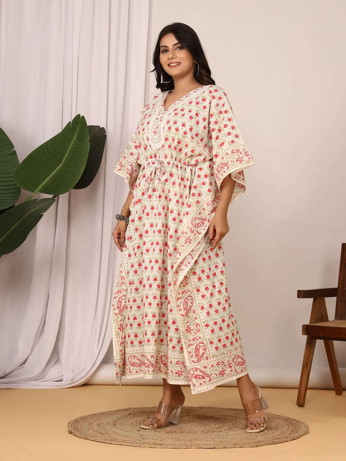 Sanganeri Tulip Flower Print Pastel Green & Red Cotton Kaftan