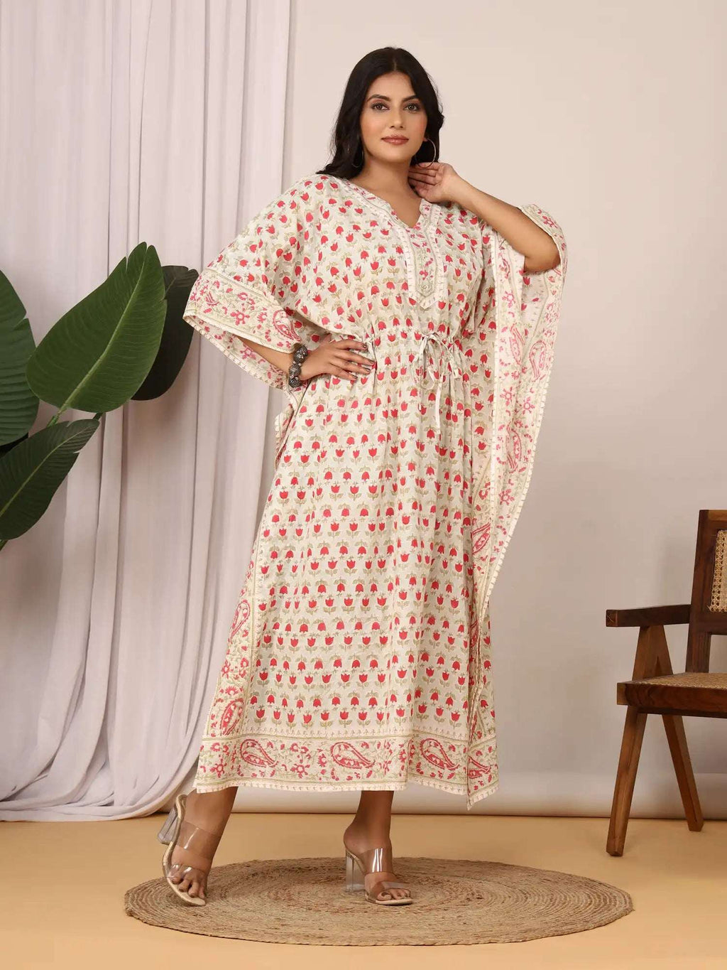 Sanganeri Tulip Flower Print Pastel Green & Red Cotton Kaftan