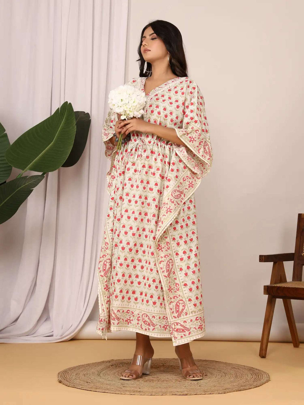 Sanganeri Tulip Flower Print Pastel Green & Red Cotton Kaftan