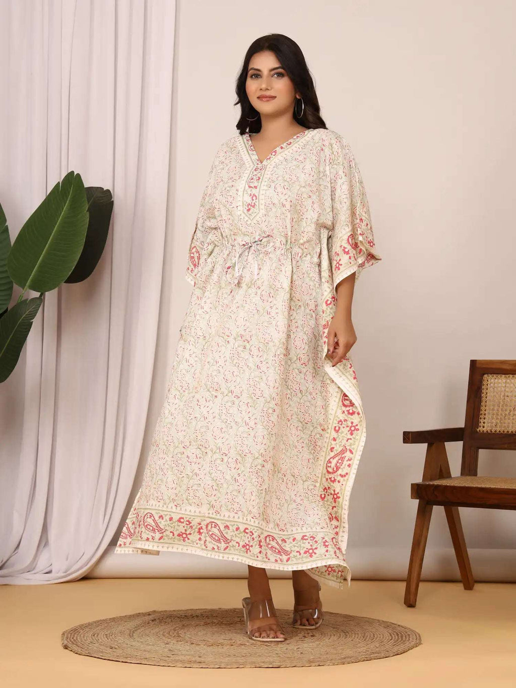 Sanganeri Floral Print Pastel Green Cotton Kaftan