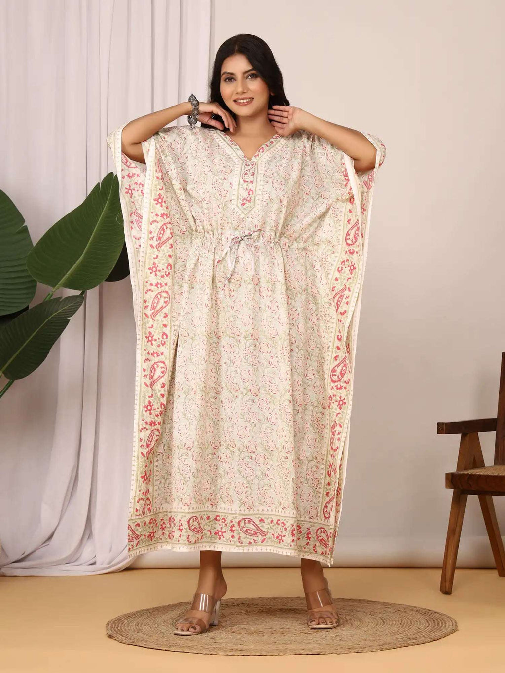 Sanganeri Floral Print Pastel Green Cotton Kaftan