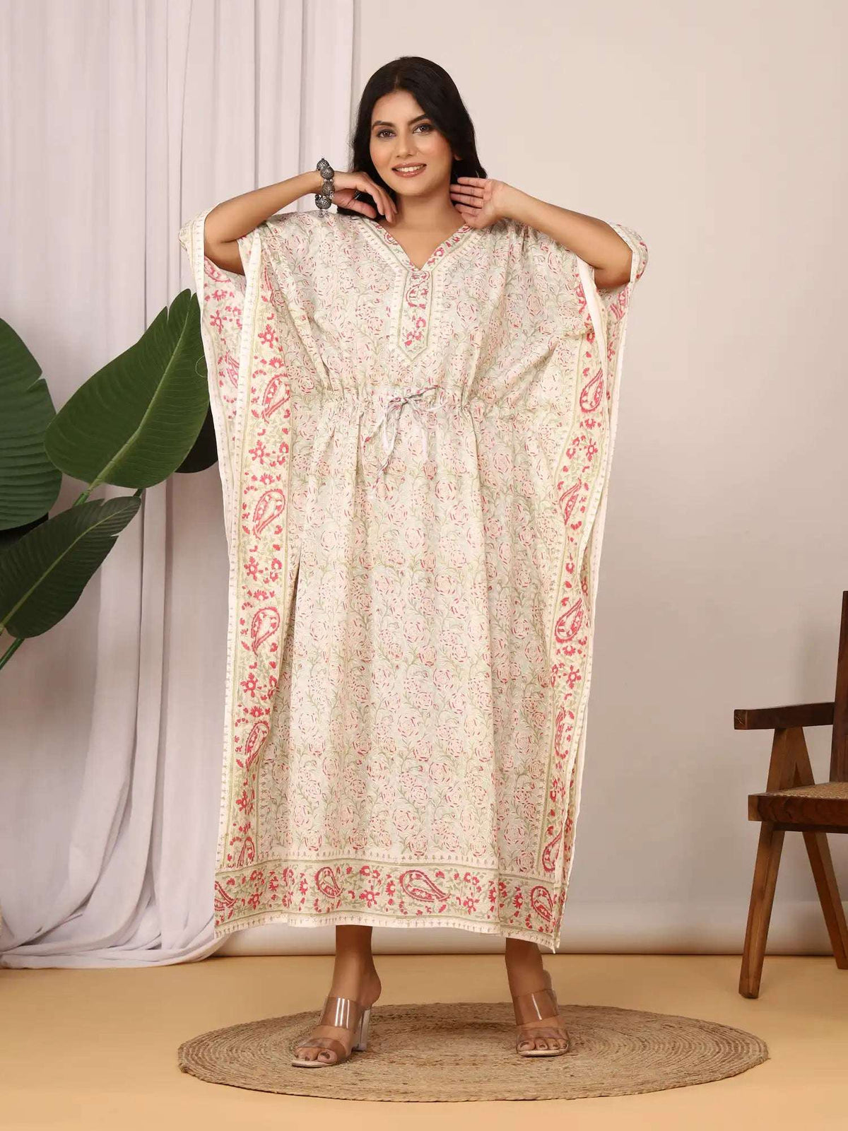 Sanganeri Floral Print Pastel Green Cotton Kaftan