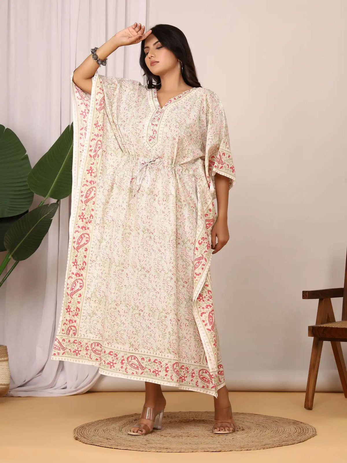 Sanganeri Floral Print Pastel Green Cotton Kaftan