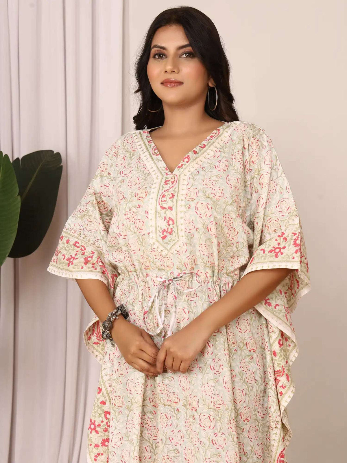 Sanganeri Floral Print Pastel Green Cotton Kaftan