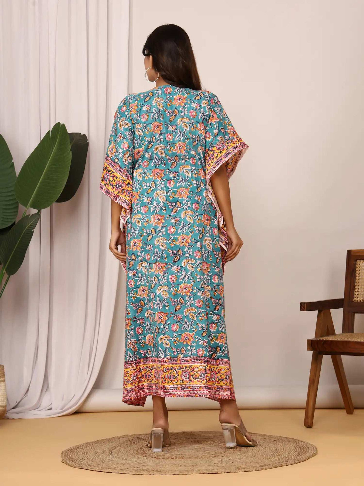 Sanganeri Floral Vine Print Teal & Yellow Cotton Kaftan