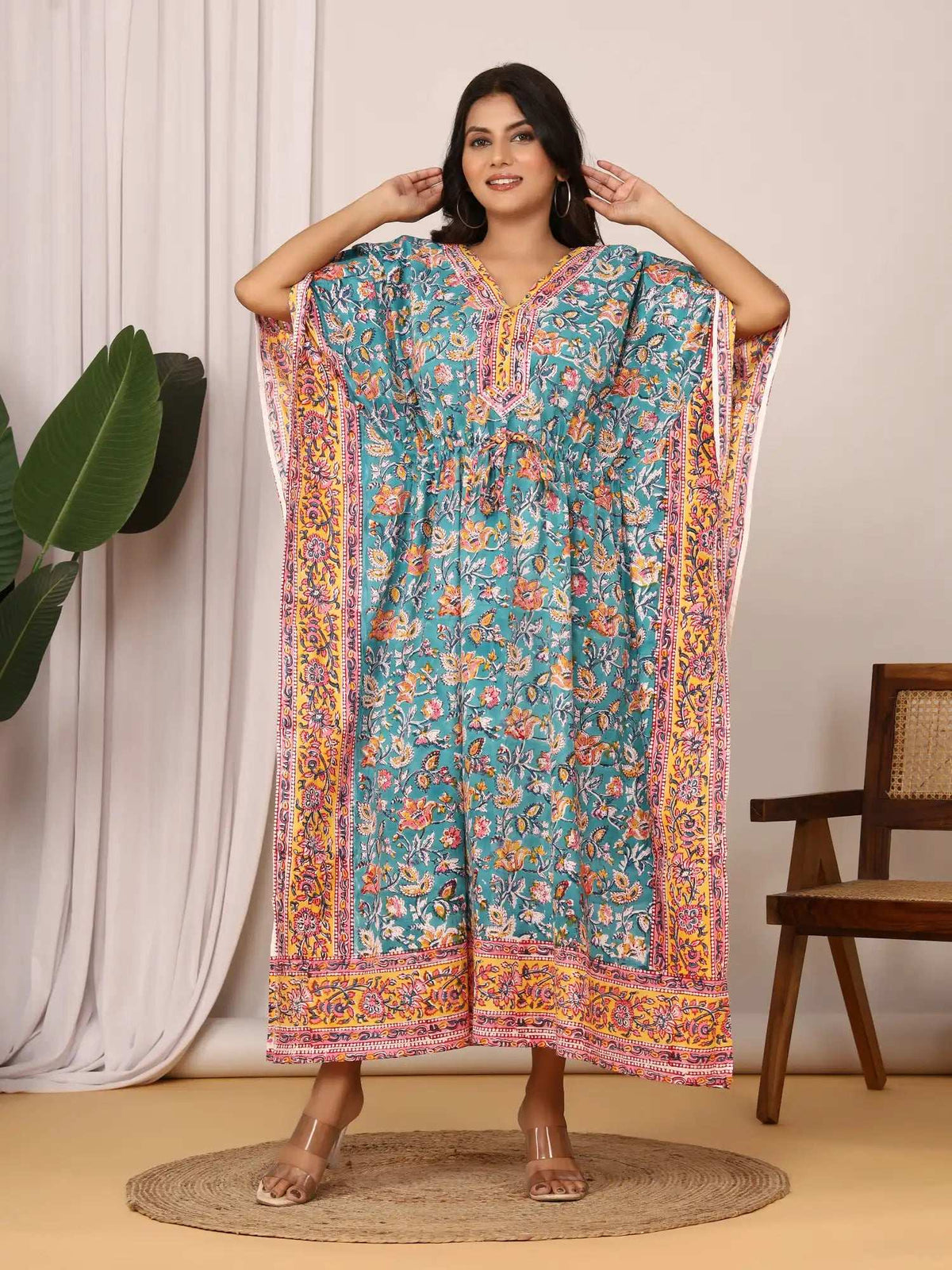 Sanganeri Floral Vine Print Teal & Yellow Cotton Kaftan