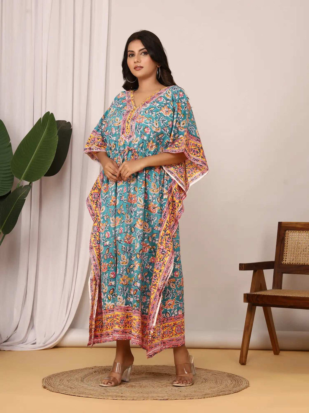 Sanganeri Floral Vine Print Teal & Yellow Cotton Kaftan