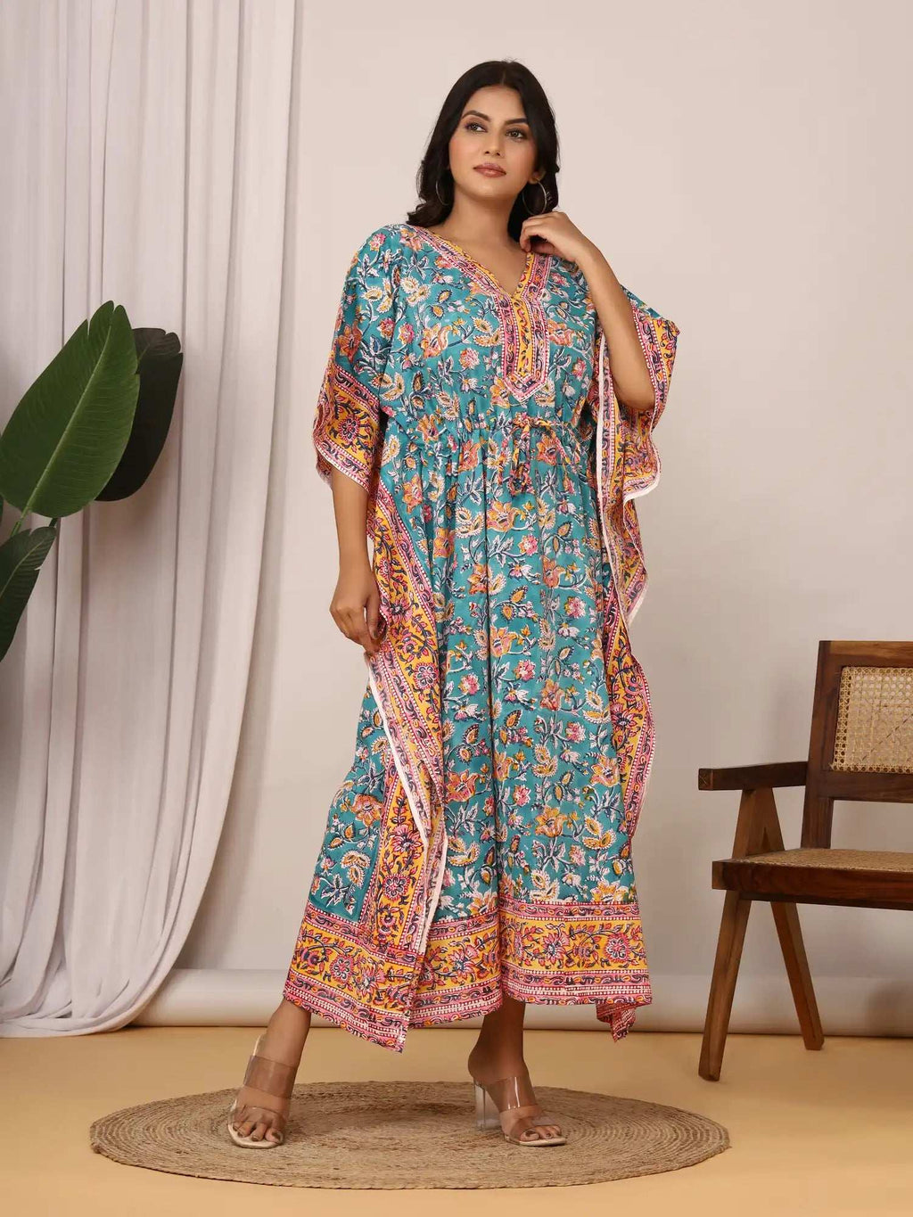 Sanganeri Floral Vine Print Teal & Yellow Cotton Kaftan