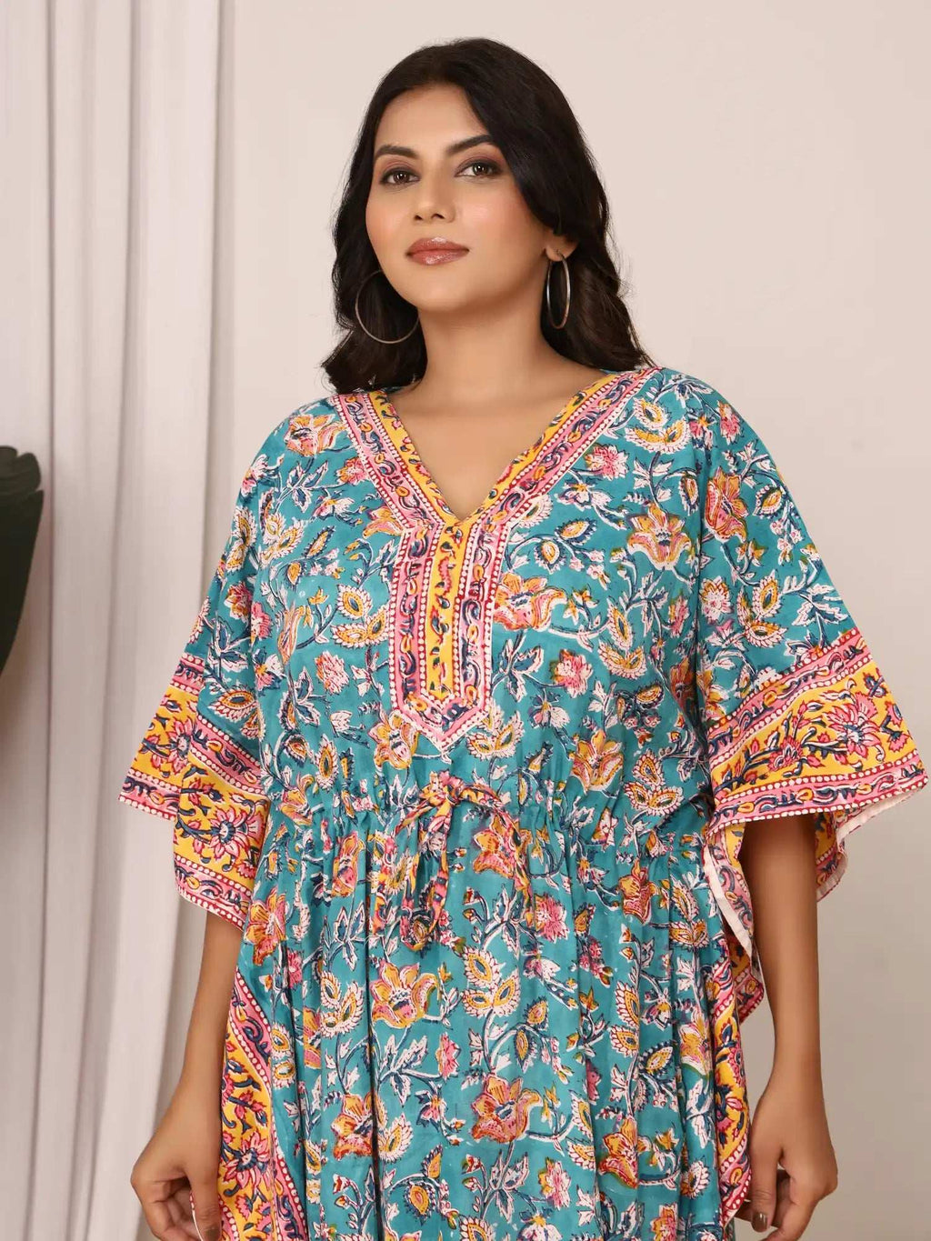 Sanganeri Floral Vine Print Teal & Yellow Cotton Kaftan