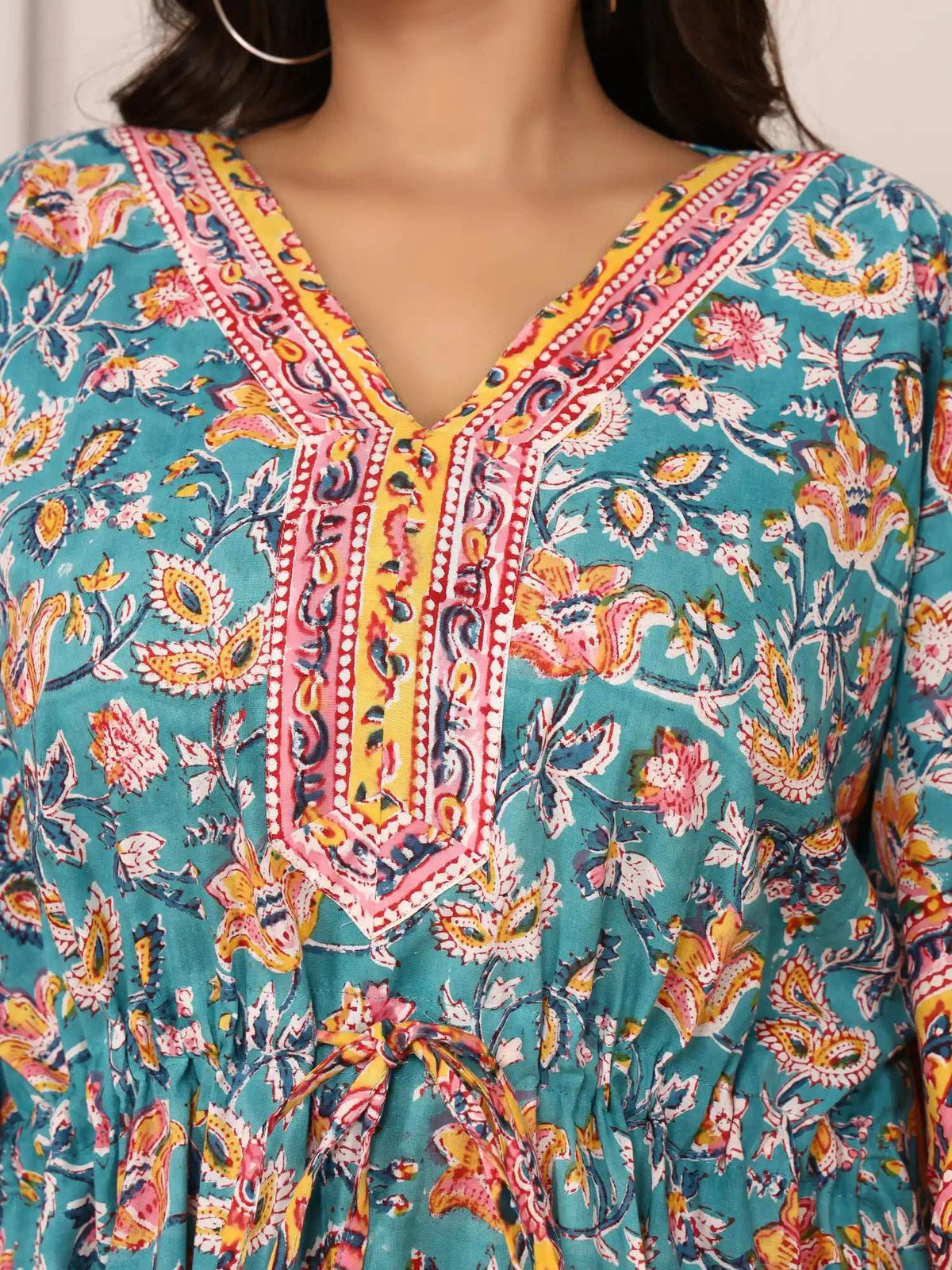 Sanganeri Floral Vine Print Teal & Yellow Cotton Kaftan