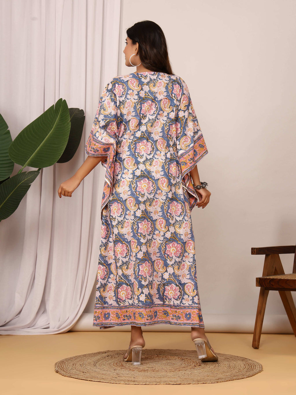 Sanganeri Floral Print Blue & Pink Cotton Kaftan