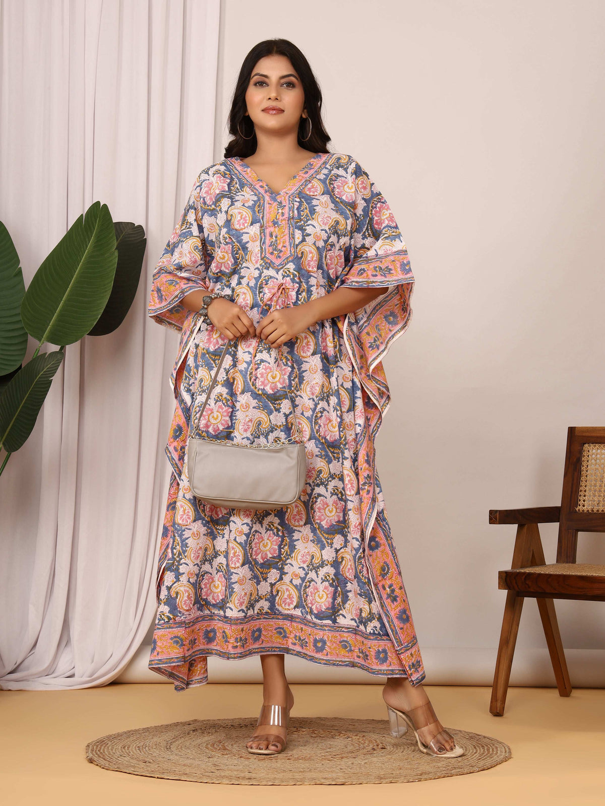 Sanganeri Floral Print Blue & Pink Cotton Kaftan