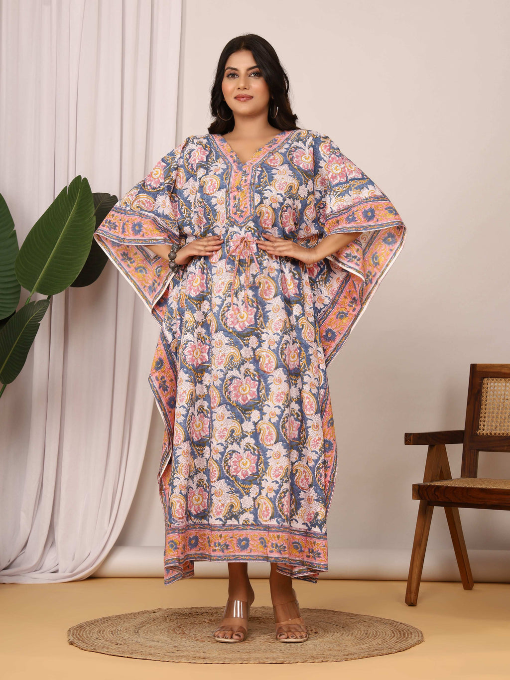 Sanganeri Floral Print Blue & Pink Cotton Kaftan