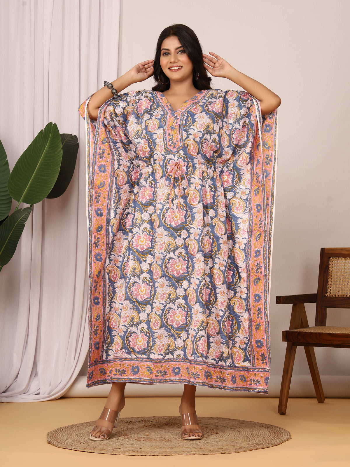 Sanganeri Floral Print Blue & Pink Cotton Kaftan