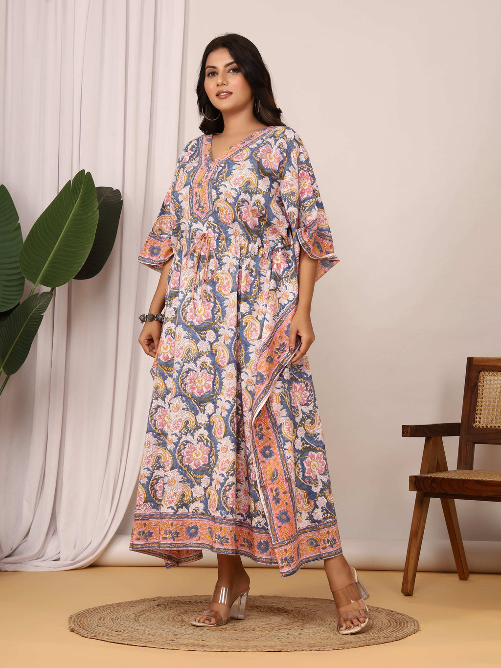 Sanganeri Floral Print Blue & Pink Cotton Kaftan