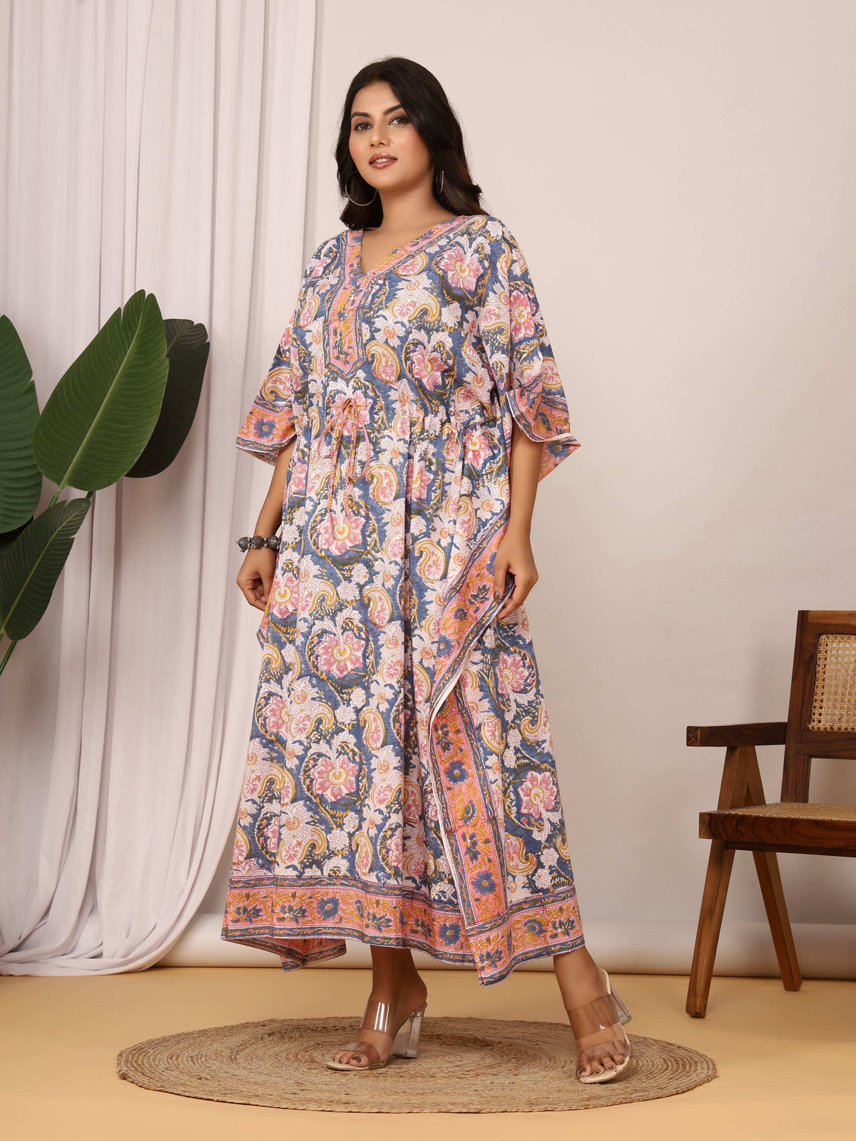 Sanganeri Floral Print Blue & Pink Cotton Kaftan