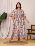 Sanganeri Floral Print Blue & Pink Cotton Kaftan