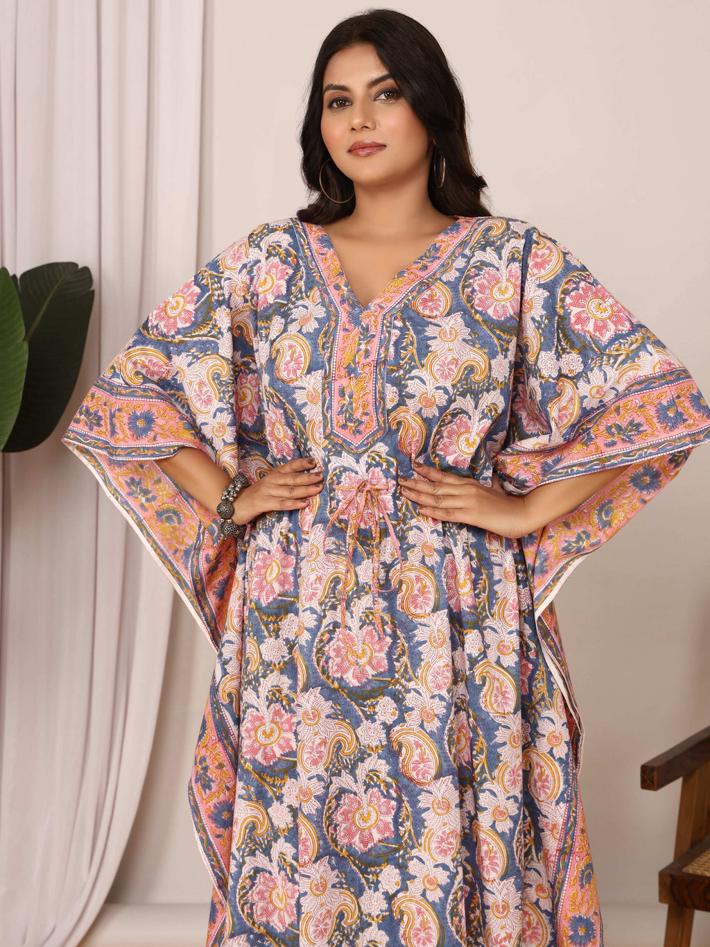 Sanganeri Floral Print Blue & Pink Cotton Kaftan